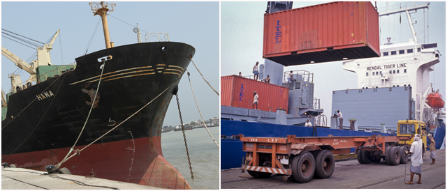 Ports of Chittagong in Bangladesh (left) and Kolkata in India (right)